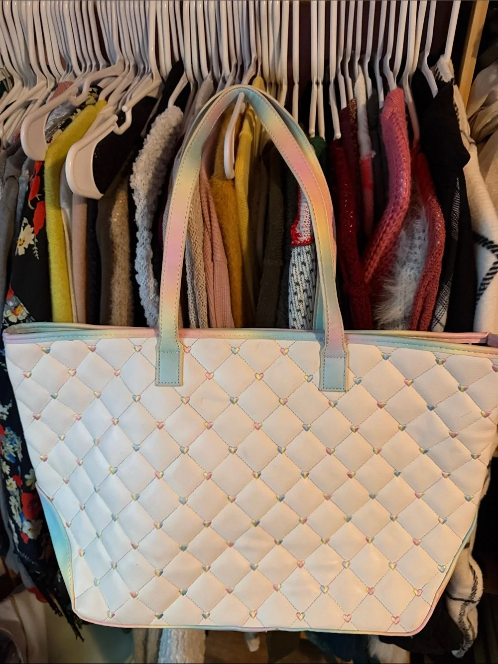 Betsey Johnson White Quilted Tote with Pastel Rainbow Trim